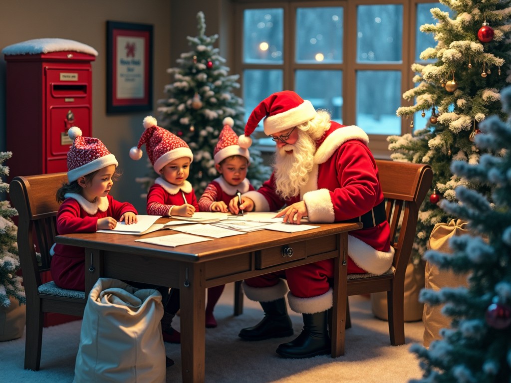 The image depicts Santa Claus seated at a wooden table with four children, all wearing festive red outfits and hats. They are engaged in writing letters, creating a warm and inviting holiday atmosphere. The room is decorated with Christmas trees, with soft snowfall visible outside the window. A classic red mailbox sits in the background, adding to the seasonal charm. The soft lighting enhances the cozy feel, making it an ideal representation of Christmas spirit and family togetherness.