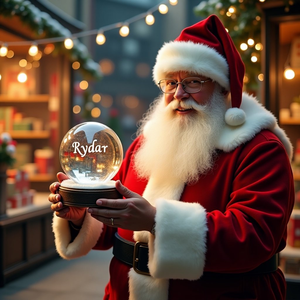 Christmas scene features Santa Claus in red and white suit holding a snow globe. Snow globe contains the name ‘Ryder’. Background shows a toy shop with festive decorations and glowing lights.