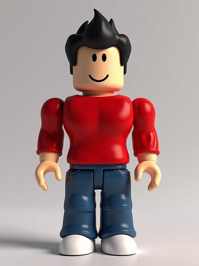 Roblox character features black hair style. Character wears a plain red shirt. Character wears blue jeans. Character has white shoes.