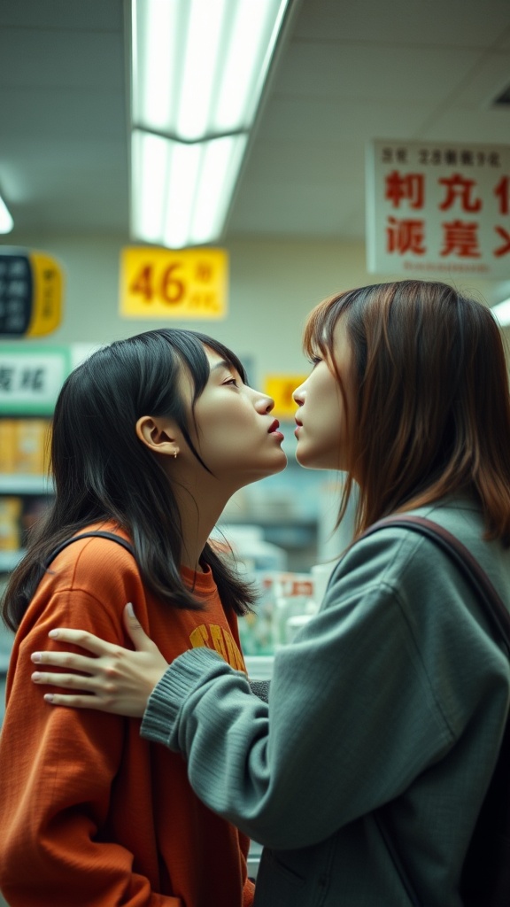 In a brightly lit store, two young women engage in a playful, tense moment, standing close with a hint of confrontation. Wearing casual clothing, they are surrounded by vibrant signage and product shelves, creating a modern, urban backdrop typical of a convenience store. Their expressions capture a mix of playfulness and challenge, adding depth to the scene.