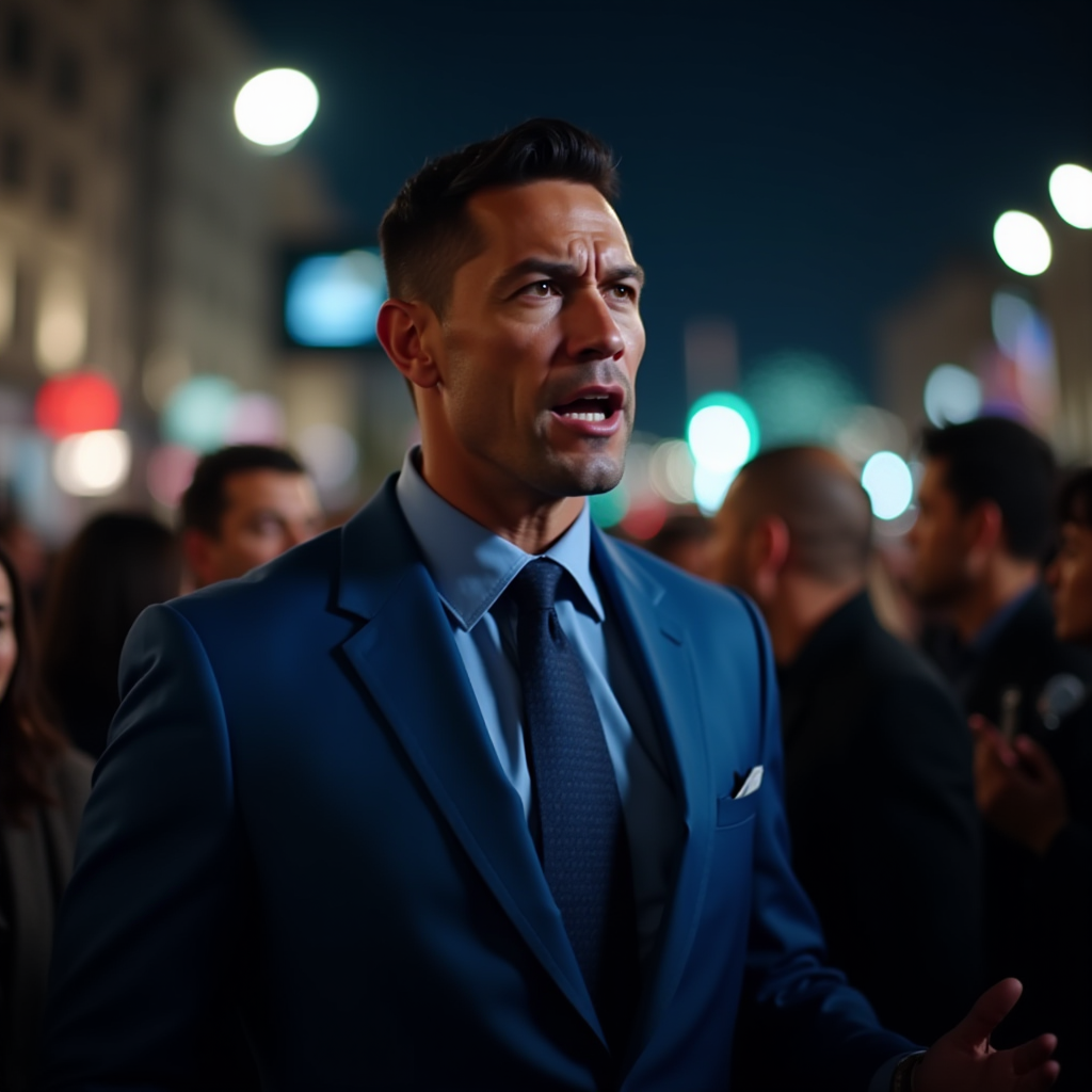 A well-dressed individual passionately speaking amidst a cityscape at night.