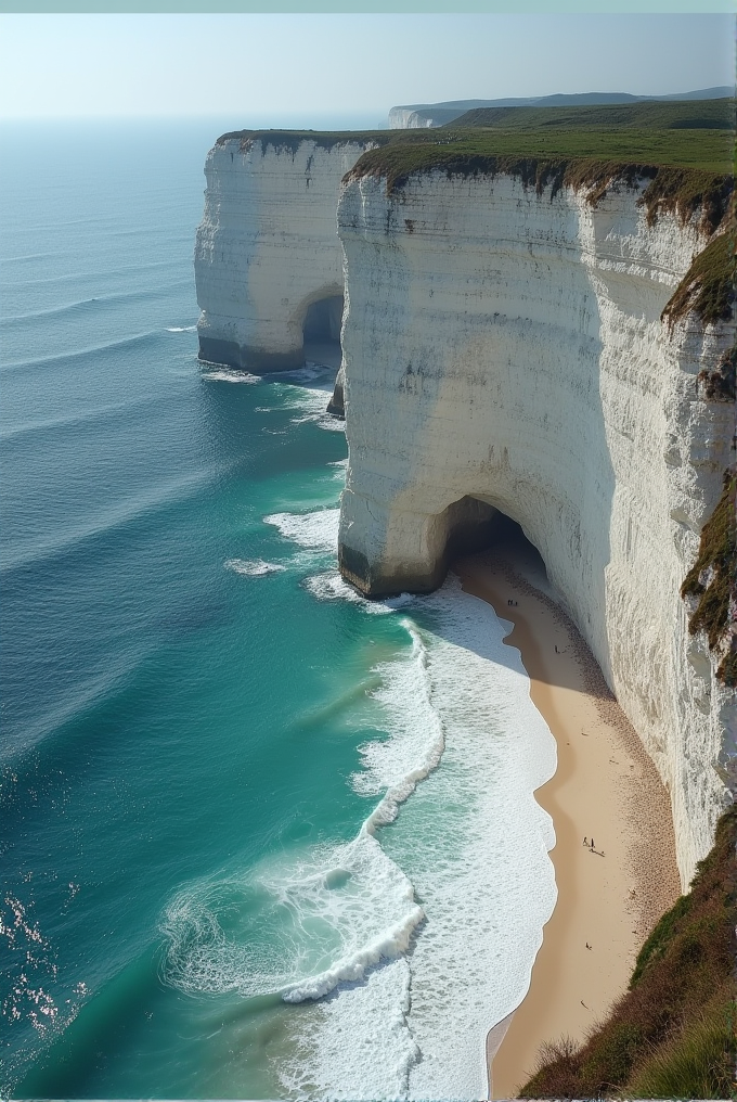 A stunning view of tall white cliffs overlooking a turquoise ocean, with waves gently crashing onto a sandy beach.