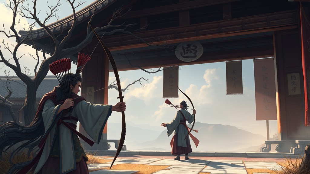 Two archers in traditional attire prepare for practice in a serene, ancient temple setting.