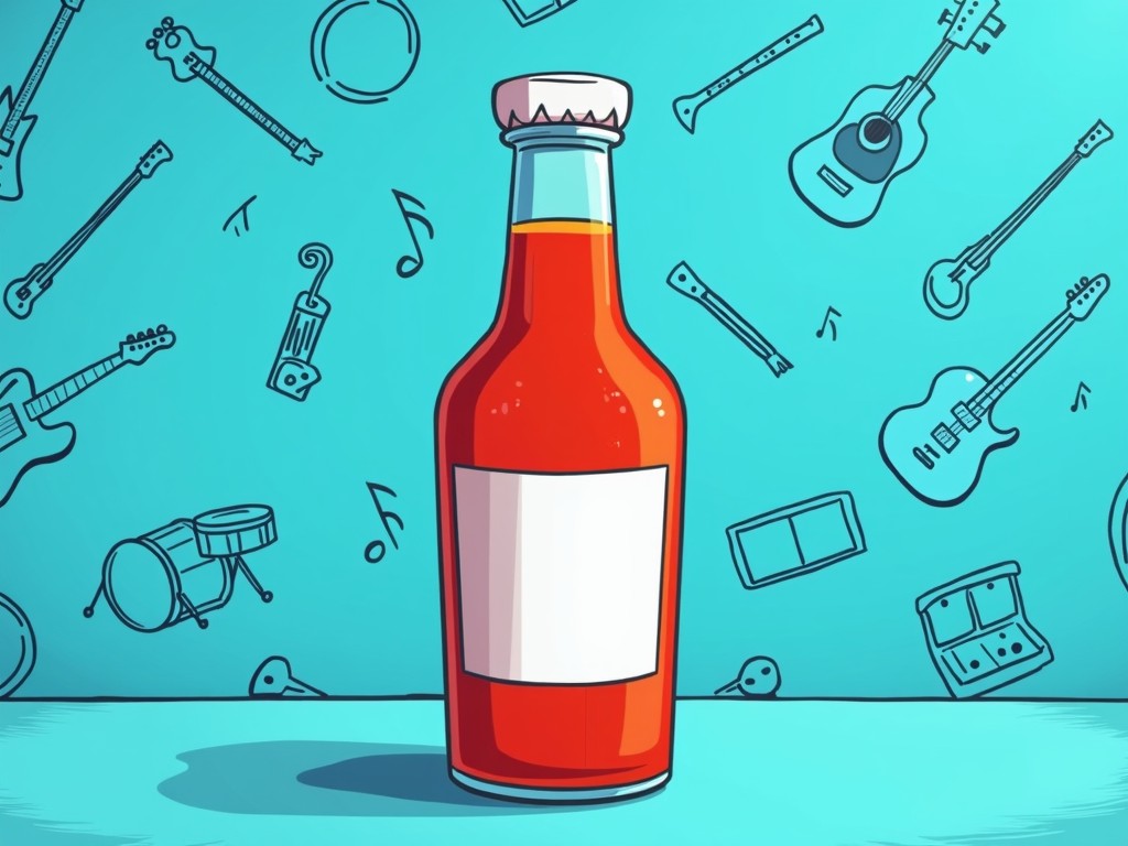 This illustration features a bottle of hot sauce placed prominently in the center, surrounded by musical-themed elements such as guitars, drums, and musical notes on a bright teal background. The contrast between the red of the sauce and the cool blue setting creates a vibrant and lively feel, suggesting a fusion of flavor and music.