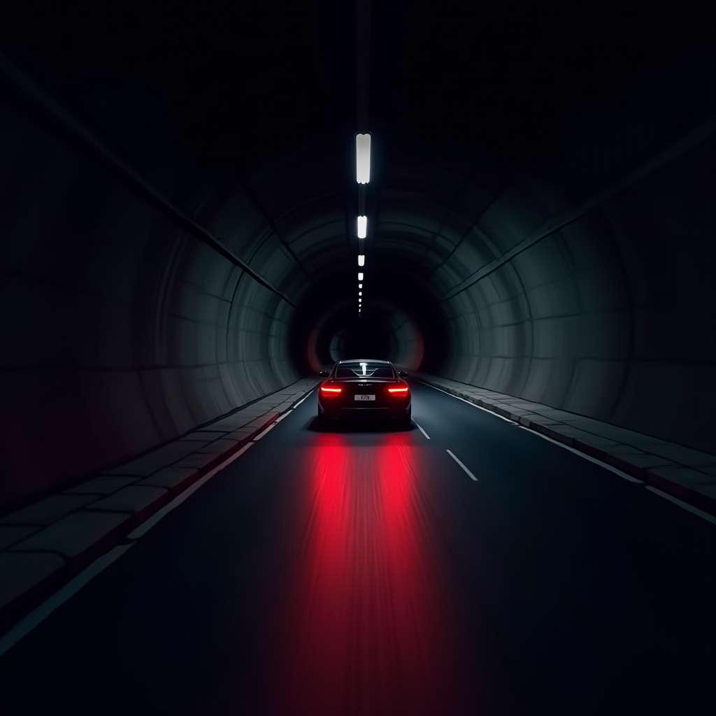 A sleek car navigates a dimly lit, modern tunnel, casting vivid red reflections on the road.