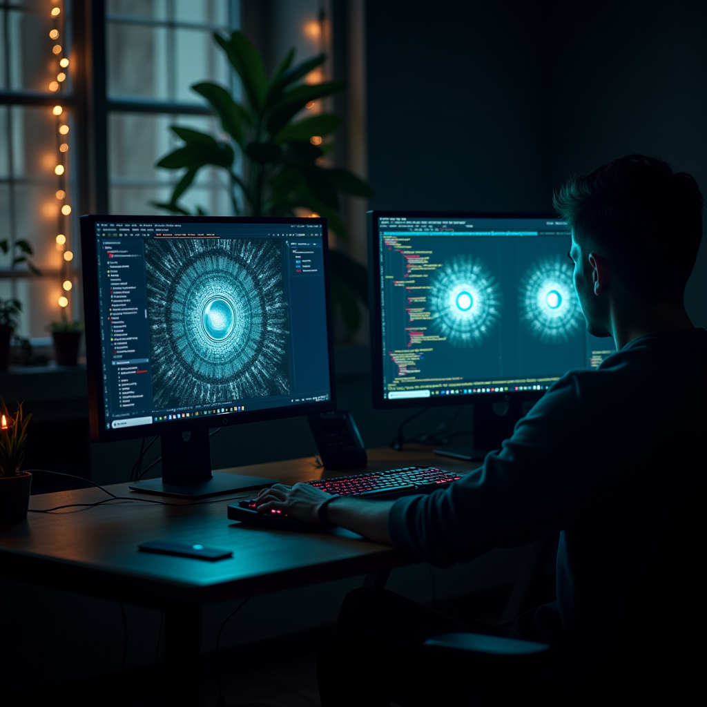 A person working on dual monitors with a sci-fi interface in a dimly lit room.