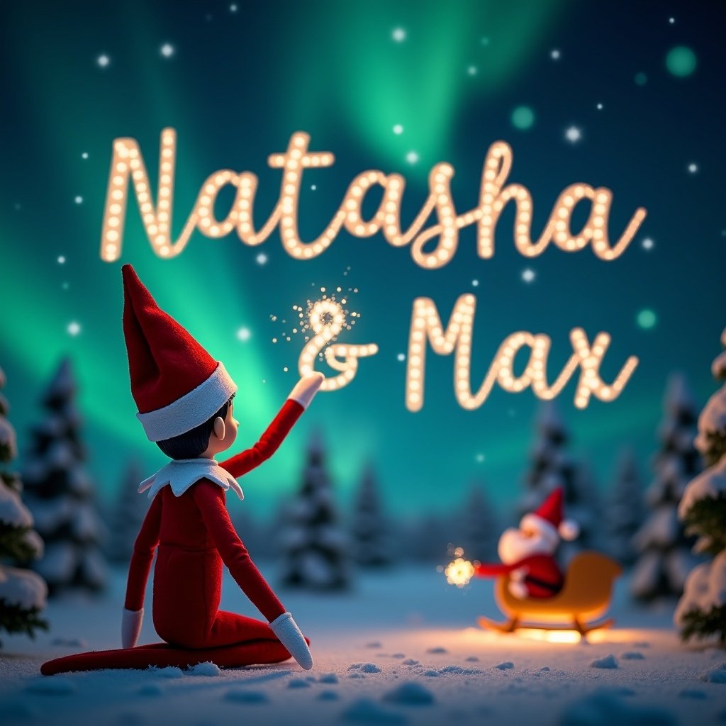 This image depicts an elf on the shelf with its back turned, joyfully facing a mesmerizing sky filled with northern lights. The elf is using a sparkling wand to elegantly write the names 'Natasha' and 'Max' in shimmering letters. In the background, Santa is seen on a sleigh, adding a whimsical touch to the magical Christmas scene. The surroundings are adorned with snow-covered trees, creating a winter wonderland atmosphere. The lighting is soft and enchanting, enhancing the festive mood of the scene. The overall composition captures the spirit of Christmas and childlike wonder.