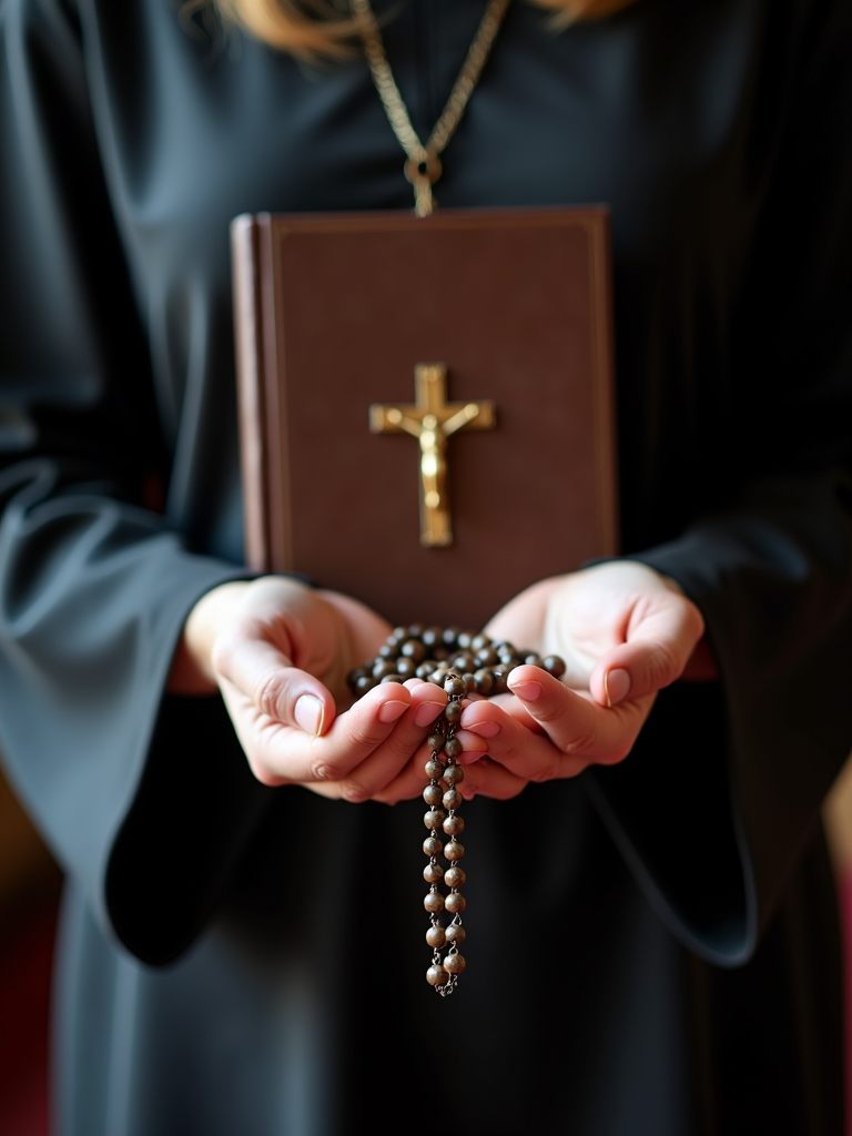 A person in a dark robe holds a rosary and a book with a golden cross.