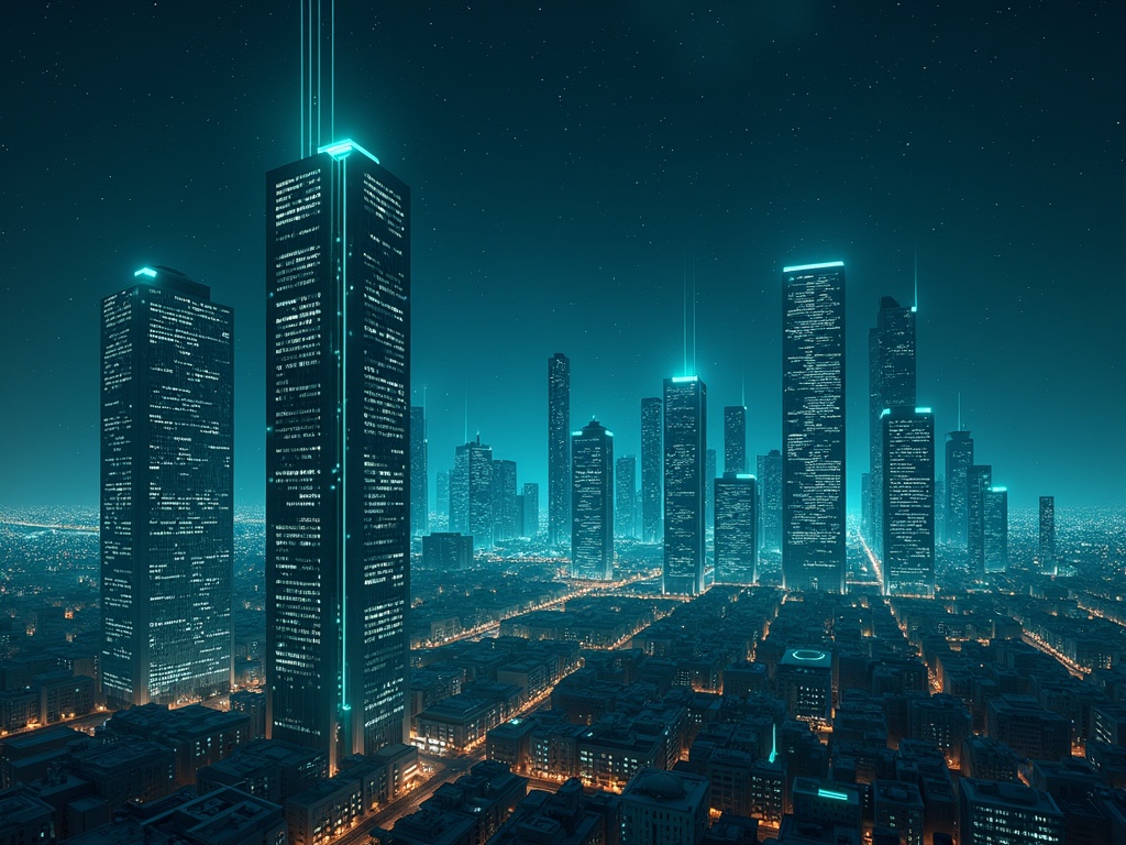 Futuristic city at night with towering buildings. Dark blue starry sky with glowing green and blue digital lines. Buildings display cracks and a sense of decentralization. Urban landscape with high-tech elements.