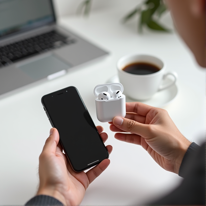 A person holds a smartphone and a pair of wireless earbuds with a laptop and a cup of coffee on a white desk.