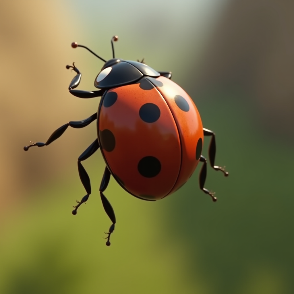 A close-up view of a ladybug with black spots on a red shell against a blurred background.