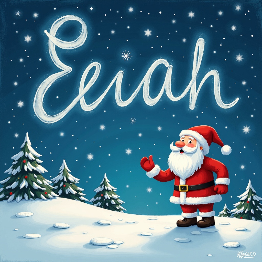 An illustration of Santa Claus joyfully standing in a snowy landscape. He is playfully writing the name 'Leiah' in the night sky using shimmering white light. The background features a starry blue sky filled with twinkling stars. Snow-covered trees are visible around him, enhancing the wintery scene. Santa is dressed in his classic red and white outfit, and his expression is cheerful and inviting. The overall atmosphere is magical and festive, perfect for the holiday season.