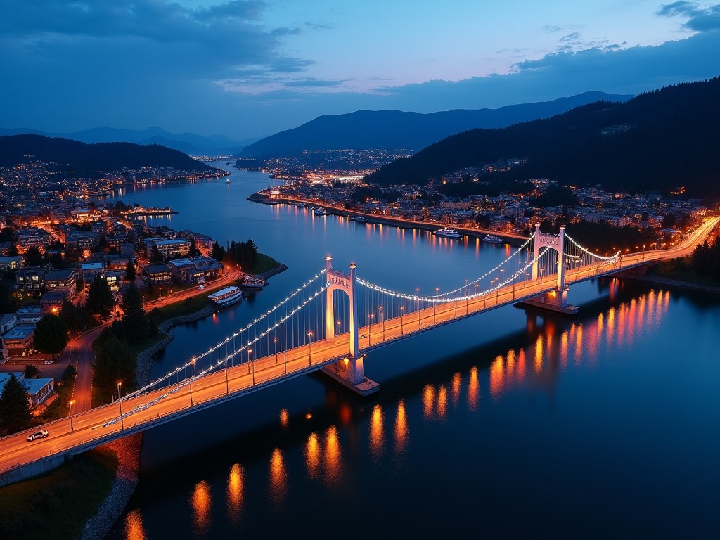 Aerial view of a city at night with an illuminated bridge over a river, showcasing city lights and calm water reflections, mountainous backdrop in the distance.