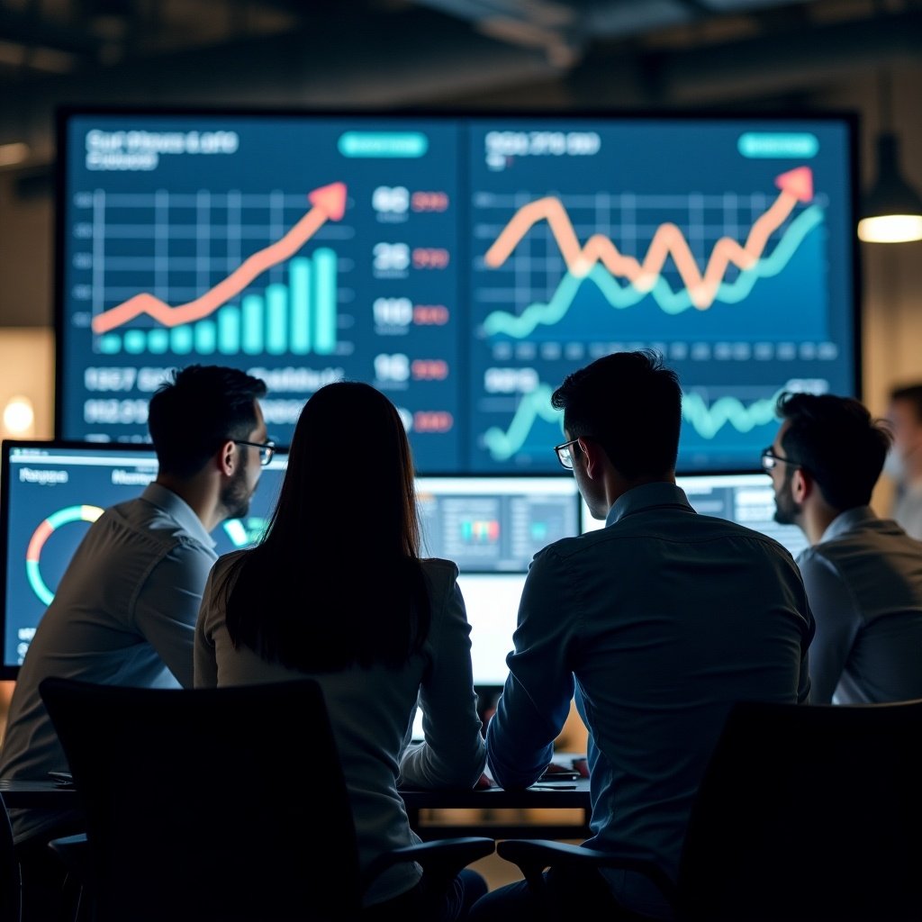 Group of professionals analyzing graphs in modern office. They observe computer screens displaying upward trend analytics. Focus on teamwork and productivity in high-tech financial analysis environment.