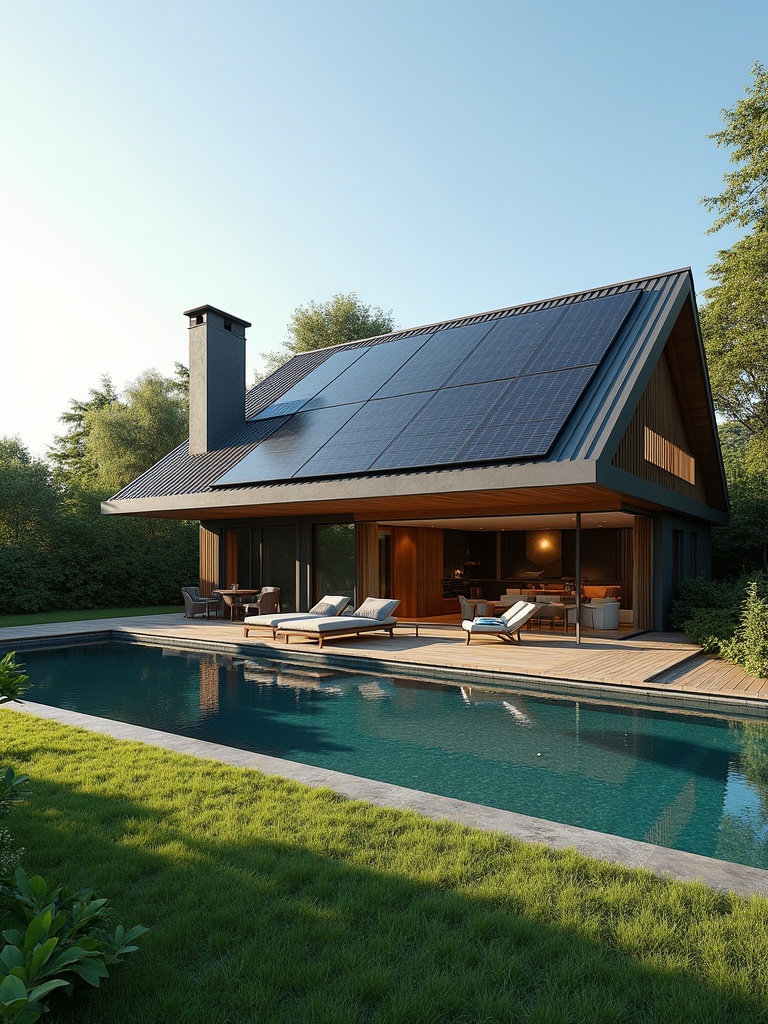 Modern luxury house with solar panels during summer with a swimming pool and green surroundings.