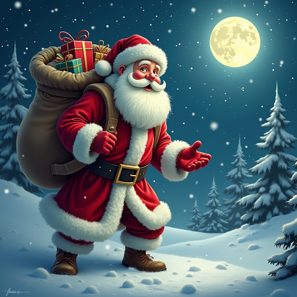 Magical depiction of Santa Claus with a sack of gifts. Snowflakes falling in a moonlit scene. Emphasis on traditional attire and festive spirit.