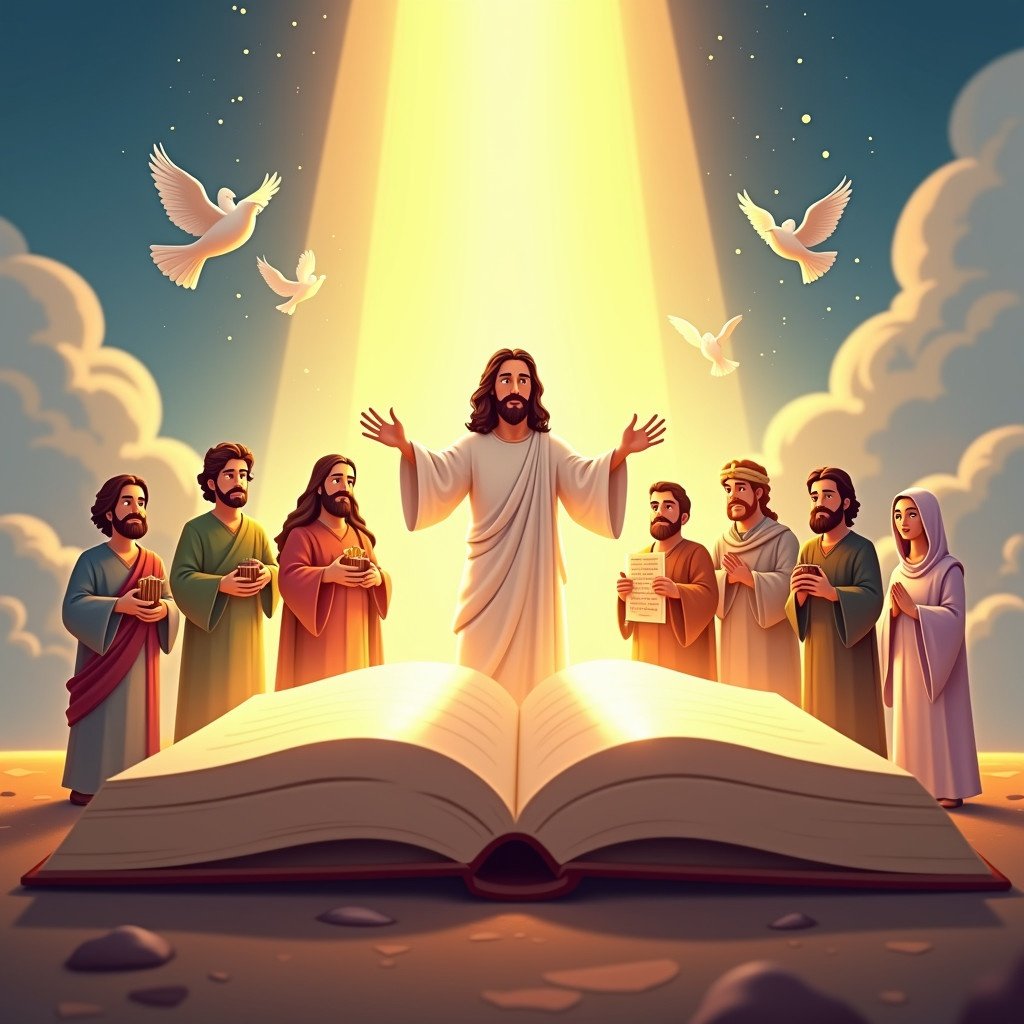 Cartoon illustration depicting an open Bible glowing with celestial light. Jesus stands in the center with arms open. David, Daniel, Samson, Moses, Esther, and Noah emerge from the book. Background shows radiant sunlight, soft clouds, angels, and doves. Magical and funny atmosphere created for kids.