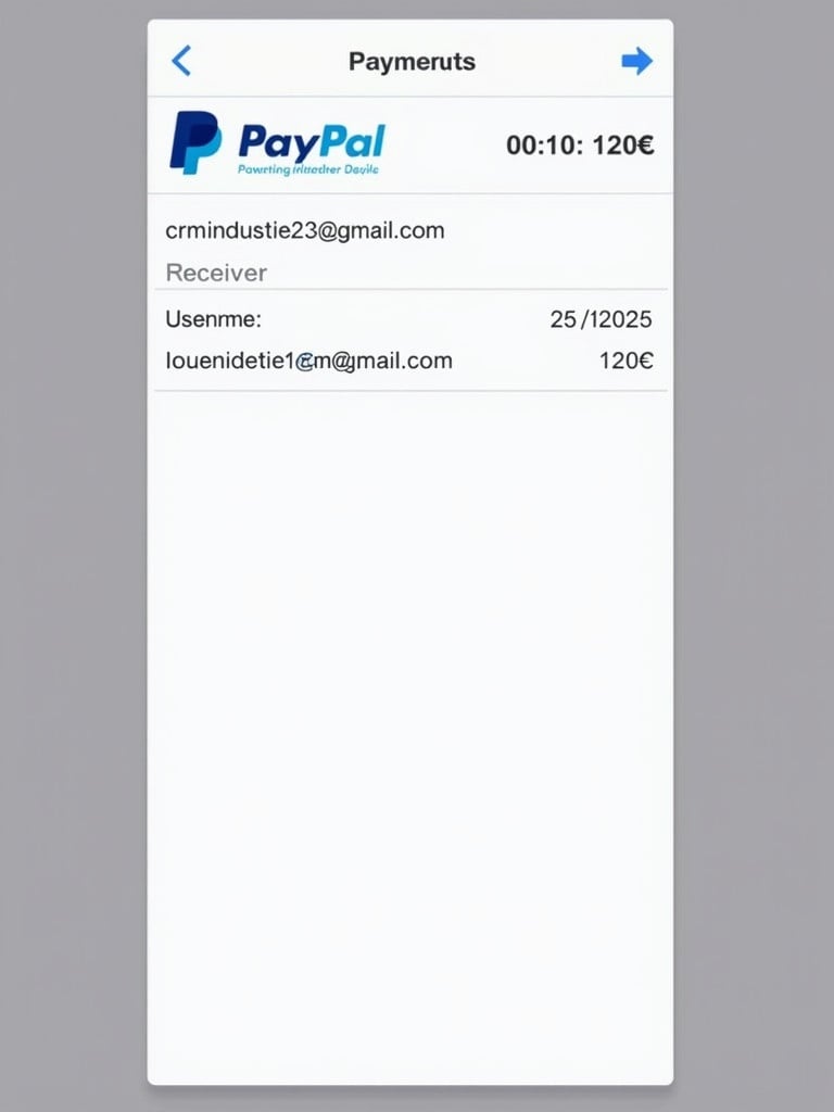 PayPal payment receipt showing a transaction for 120€ to crm.industrie23@gmail.com. Document includes the PayPal logo and payer details. Clean design suitable for online payments. Displayed time is 00:11 on 25/12/2025. Receiver username is louenevie123@gmail.com.