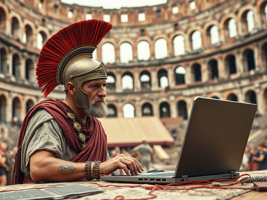 A Roman soldier using a laptop inside a historic amphitheater, blending modern technology with ancient history.