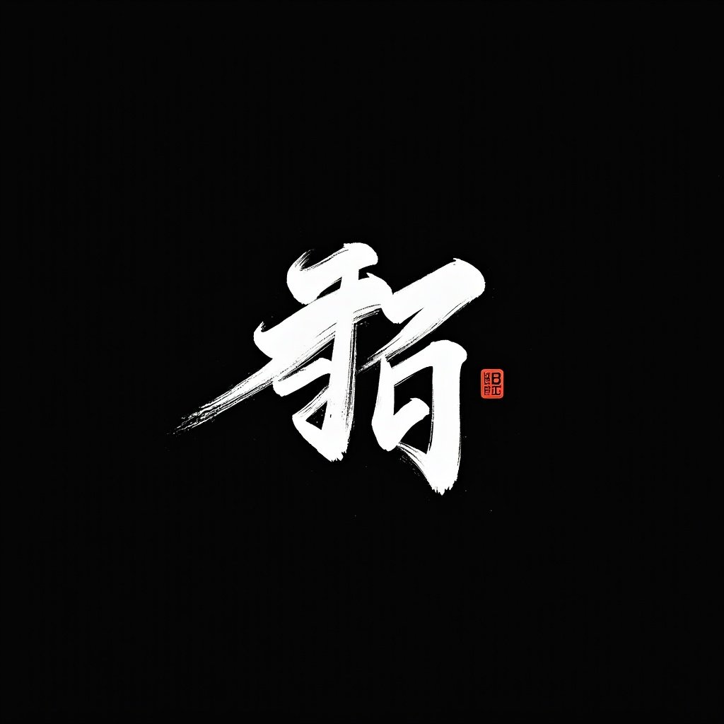 Stylized Chinese character on black background. White paint creates motion in bold strokes. Represents traditional calligraphy. High contrast for visual impact. Suitable for cultural representation.