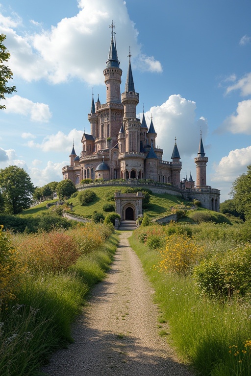 Beautiful fairy tale castle situated on a hill. Surrounded by lush greenery and a winding path leading up to it. The sky is blue with fluffy clouds. Sunlight enhances the charm of the scene.