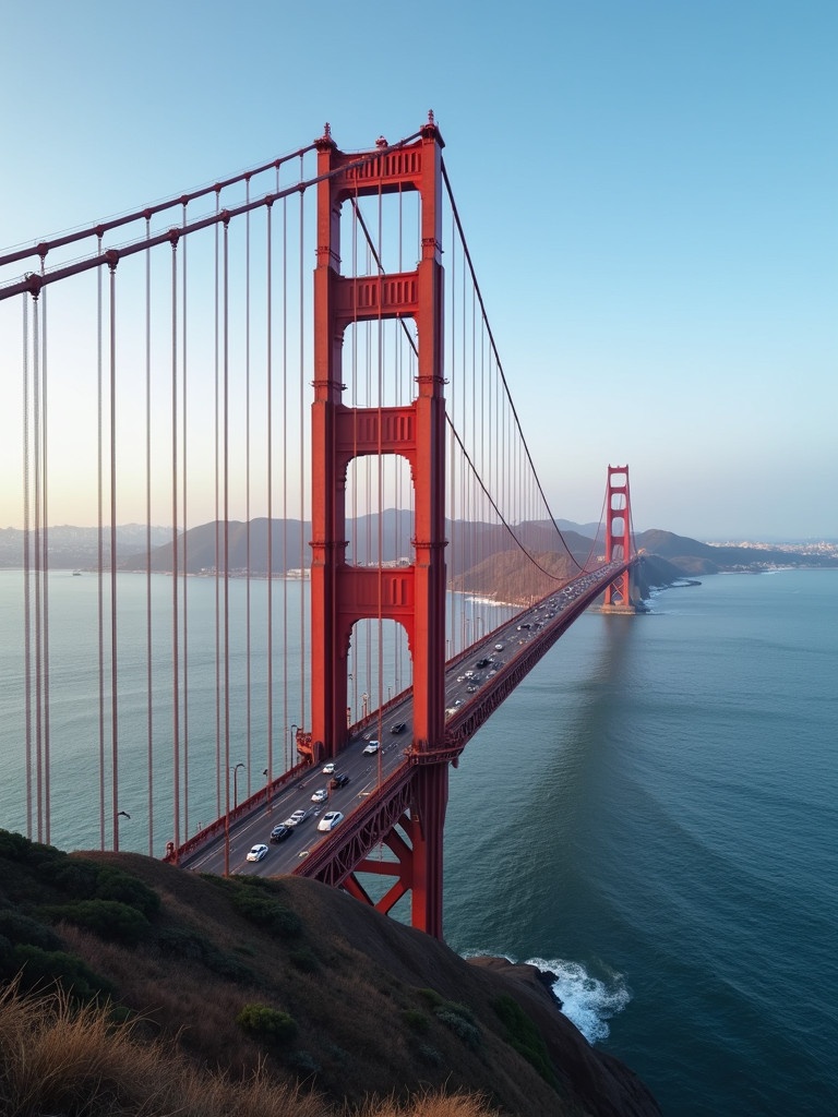 Aerial view highlighting Golden Gate Bridge with cars driving across it. Scenic landscape with ocean below. Clear skies with soft morning light creating picturesque view of the iconic structure. Captured with a 50mm anamorphic lens.