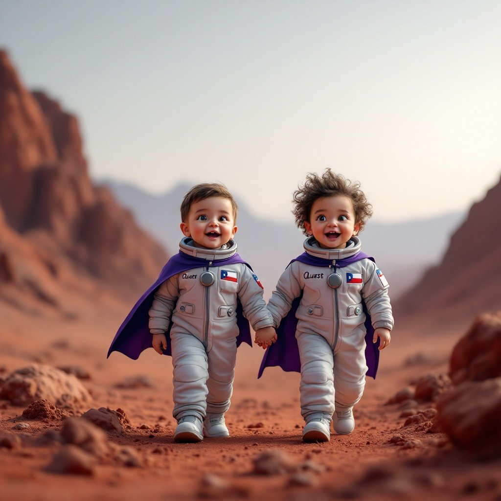 Two adventurous children dressed as astronauts explore the Martian landscape. They wear purple capes and astronaut suits with a Chilean flag. The terrain is red and rocky under a pink sky. They walk hand in hand, excited by the beauty around them.