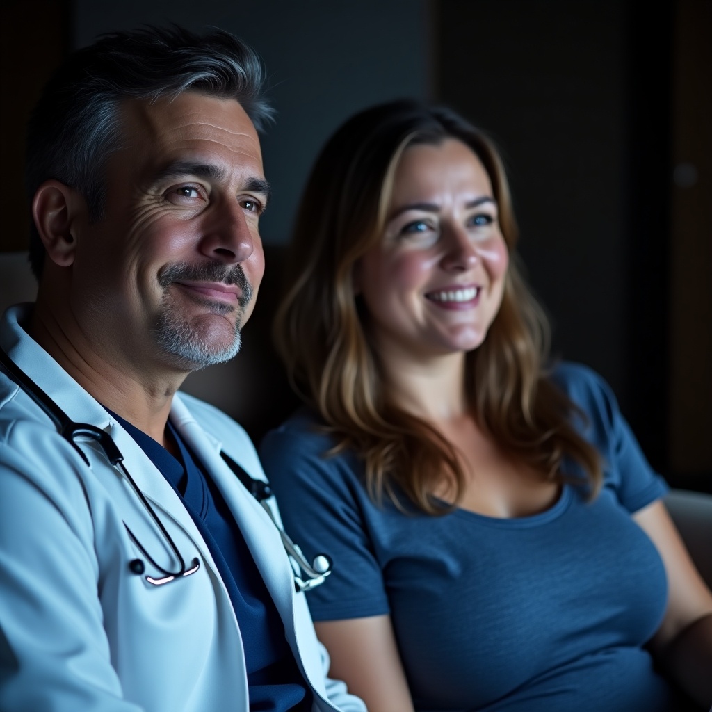 A man doctor and a 40-year-old woman, both smiling happily while watching a movie together. The man has a stethoscope around his neck, indicating his profession. The woman has brown hair and appears relaxed and content. The setting looks cozy, reminiscent of a casual selfie. Soft, warm lighting enhances the friendly ambiance of the moment. This image captures a light-hearted and friendly interaction between healthcare professionals and individuals.