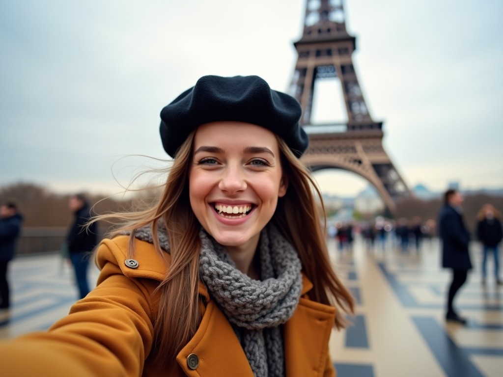 A young woman takes a joyful selfie in front of the Eiffel Tower. She is wearing a stylish black beret and a warm mustard-colored coat. The background features other tourists enjoying the landmark. Her hair is flowing in the gentle wind as she smiles broadly, showcasing her excitement. The iconic structure of the Eiffel Tower towers behind her, adding a classic Parisian vibe to the photo. The scene captures the essence of visiting Paris in a casual yet fashionable manner.