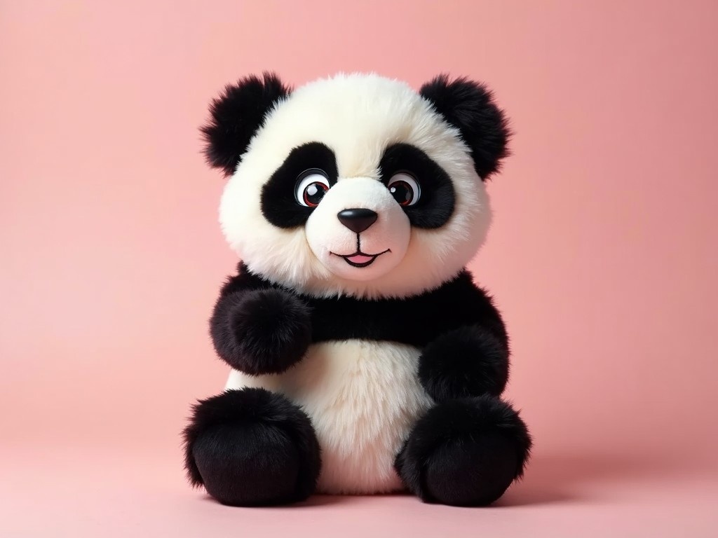 A cute and fluffy panda plush toy is sitting against a soft pink background. The toy has a friendly expression with big, expressive eyes. Its fur is a mix of black and white, making it visually striking and appealing. The panda's rounded body and outstretched arms invite affection and playfulness. This setting creates a warm and inviting atmosphere, perfect for capturing the toy's charm.