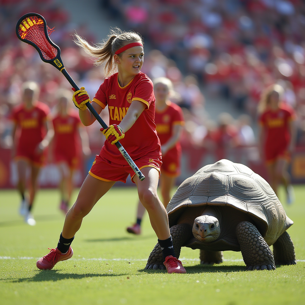 A lacrosse player in red plays alongside a large tortoise on a sports field.