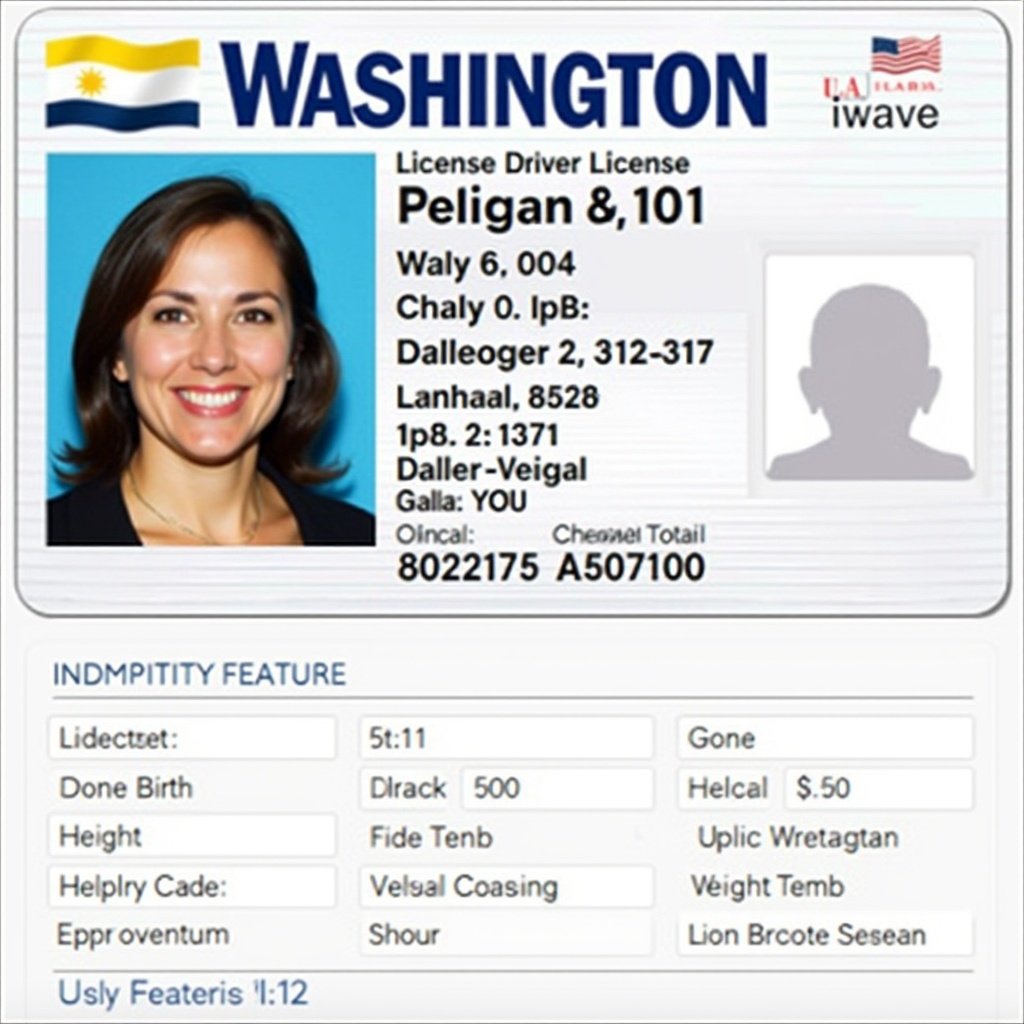 Generate a driver license with necessary information in Washington. Include details like license number, date of birth, address, height, and weight. Add identification features.