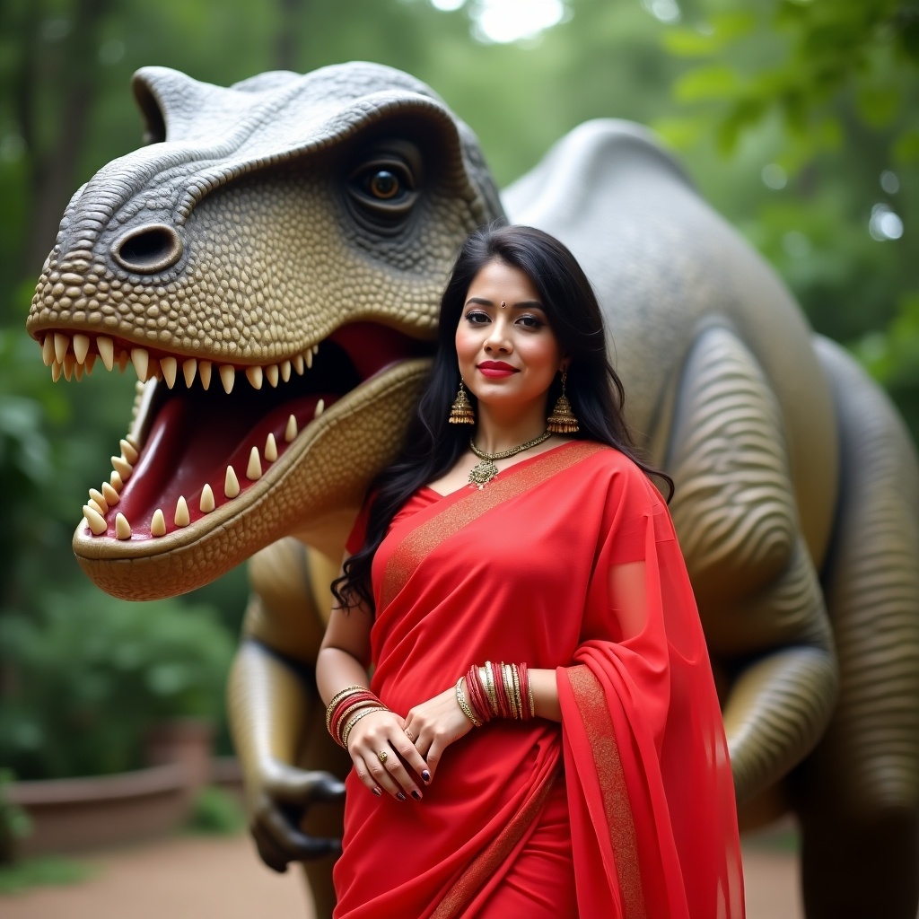 A woman poses in front of a large dinosaur statue wearing a bright red sari. The contrast between her traditional attire and the dinosaur enhances the visual appeal. The lush greenery in the background adds a vibrant touch.