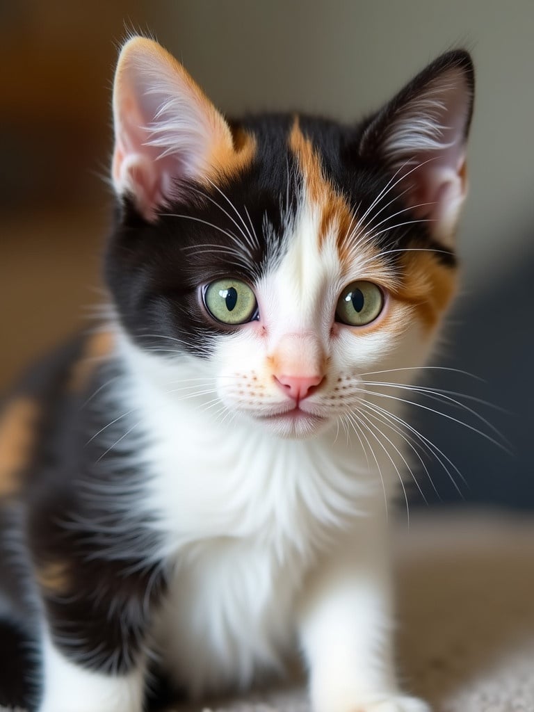 Small calico kitten has striking green eyes. Fur features a mix of black orange and white. Kitten looks curious and playful.