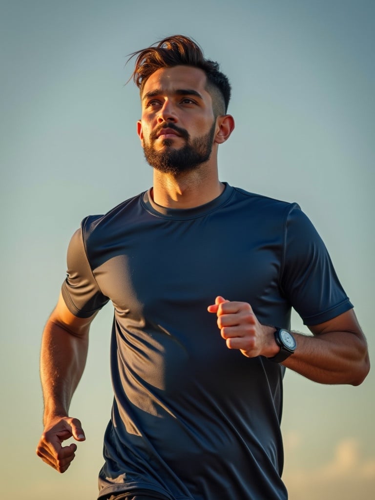 Man wearing a navy blue athletic t-shirt. Man is running outdoors during golden hour. Focus on the active posture and running motion.