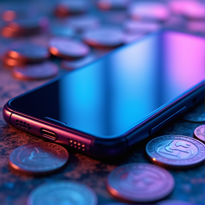 A smartphone lies on a surface surrounded by coins, illuminated by colorful light.