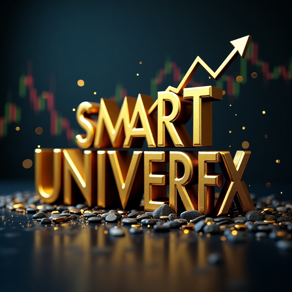 This image features the phrase 'SMART UNIVERFX' prominently displayed in striking gold lettering. Surrounding the text are pebbles that add texture and depth. In the background, there are subtle elements hinting at a financial market, including a forex trading chart and an oil barrel. The composition is designed to evoke a sense of professionalism and success in trading. The overall ambiance is sleek and modern, appealing to financial professionals and investors.