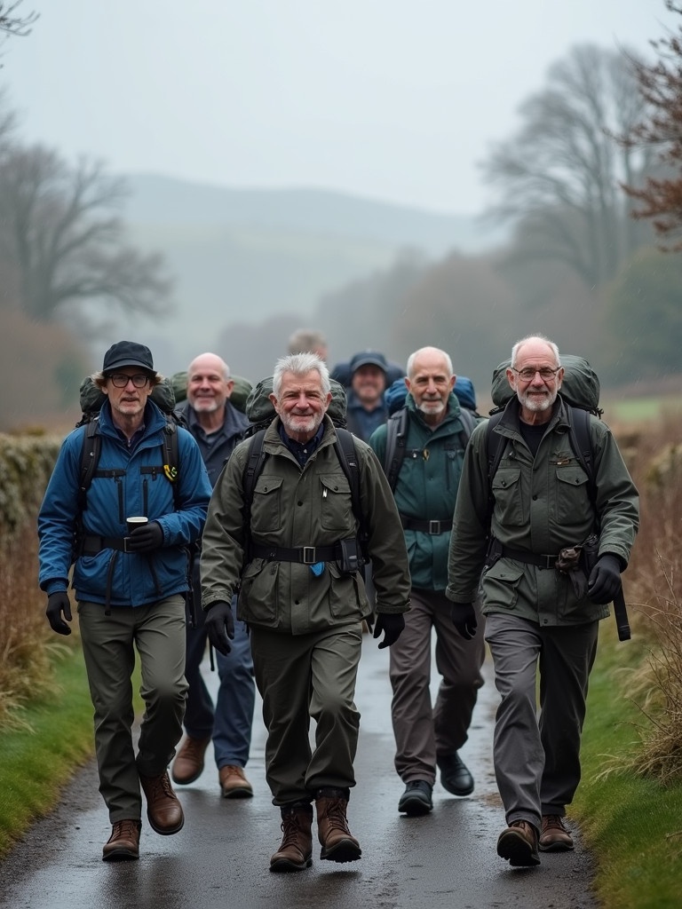 Six men walking in the Yorkshire Dales. They are dressed in hiking gear for cold and rainy weather. The group appears happy as they walk toward a pub. Four men are over 60. Two men are in their forties. The elderly man has glasses and is bald. The younger men have cropped hair.