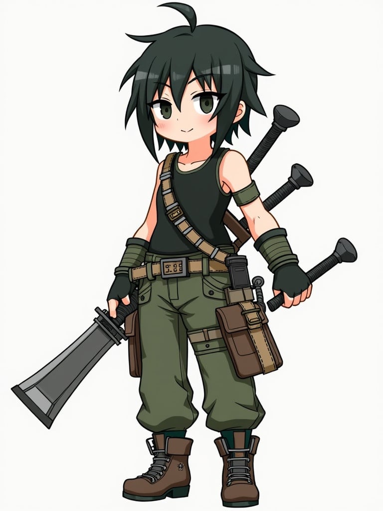 Character design features straight black hair. Onyx black eyes. Appears cute and adventurous. Wears a black tank top and cargo pants. Holds three weapons. Detailed character design with fantasy elements.