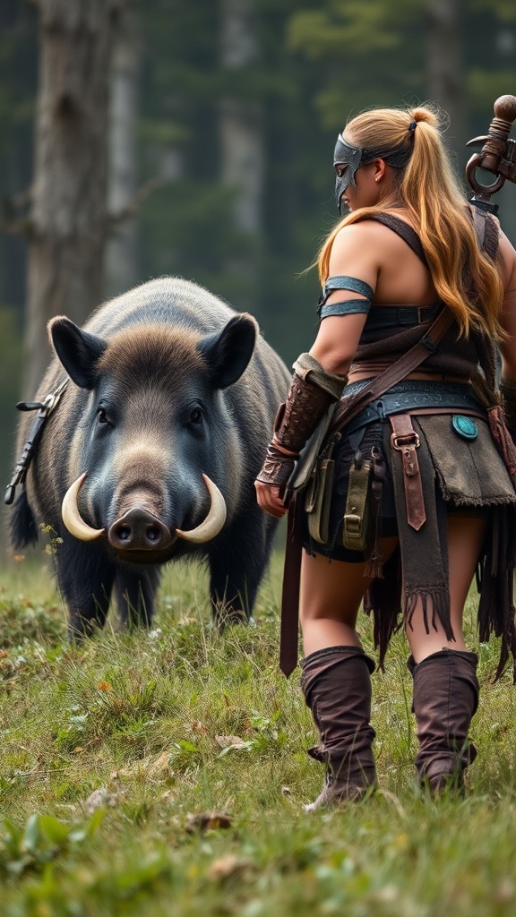 A warrior, clad in rugged attire and wielding a large club, stands in a dense forest face-to-face with an imposing wild boar. The scene exudes tension as they regard each other cautiously. The warrior's armor and the earthy tones of the forest create an adventurous and mythical atmosphere.