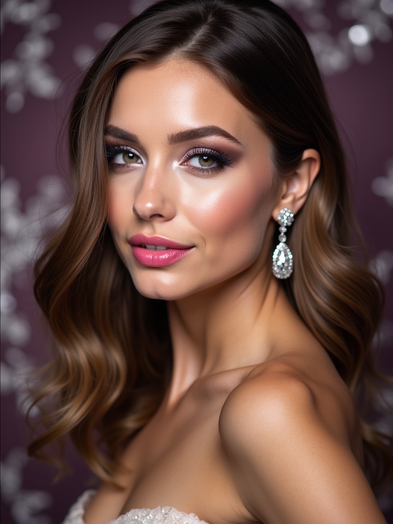 Close-up portrait of a young woman with light brown hair styled in soft waves. She wears sparkling diamond earrings. Her makeup features a smoky effect with light purple and silver eyeshadow, bright pink lipstick. Her expression is serene with a slight smile. The lighting is soft, enhancing her skin and makeup. The background is dark purple with lighter areas.