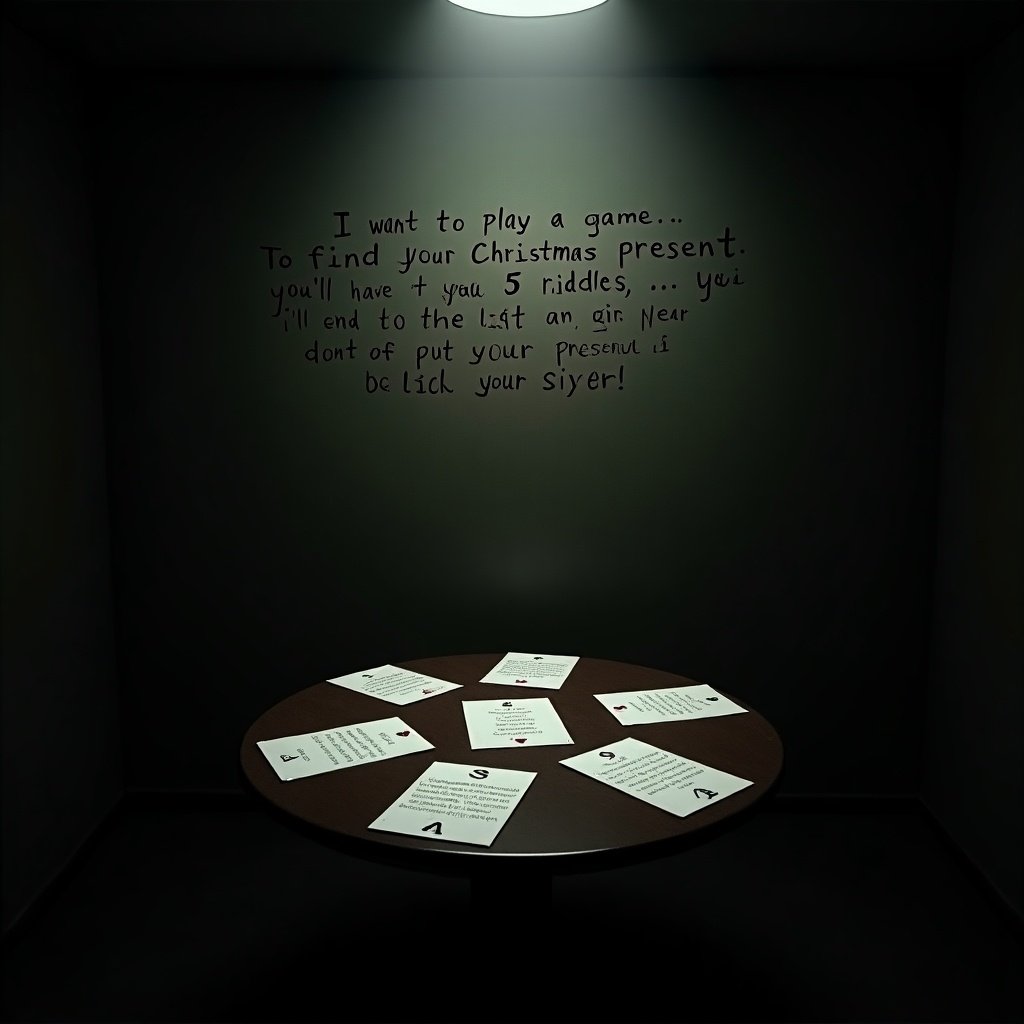 Scene resembling the Saw movies. Dark room with a table. Five riddles scattered on the table. Message on the wall about Christmas presents and riddles.