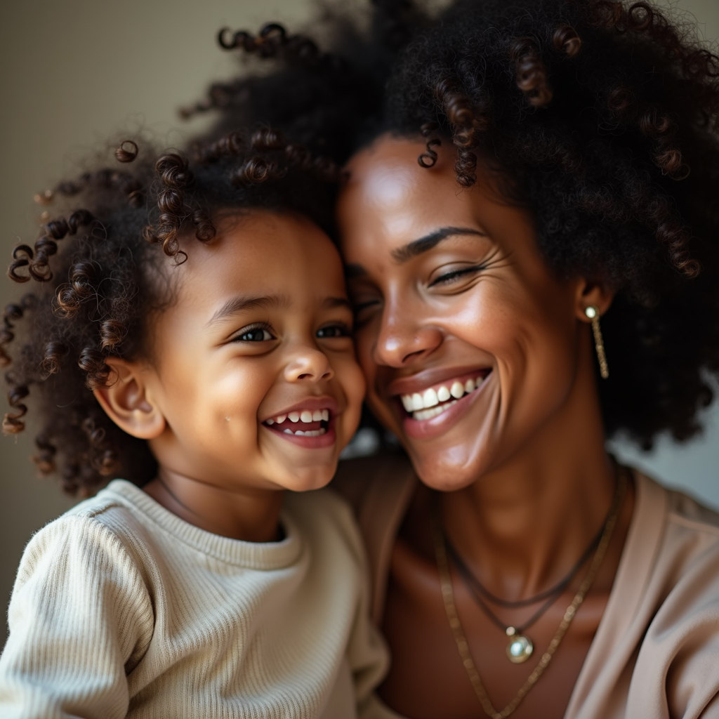 A mother and child share a joyful moment with radiant smiles, their curly hair framing their faces.