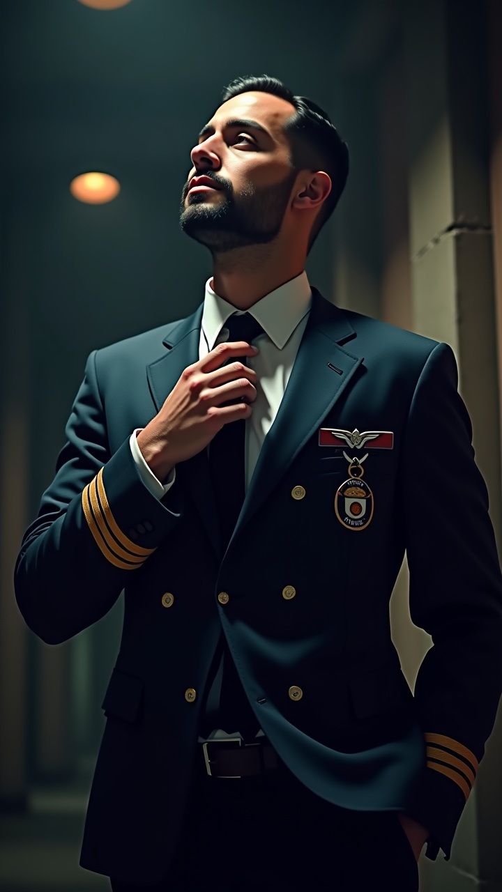 A man in a pilot uniform adjusting his tie in a dimly lit corridor, looking upwards with a thoughtful expression.