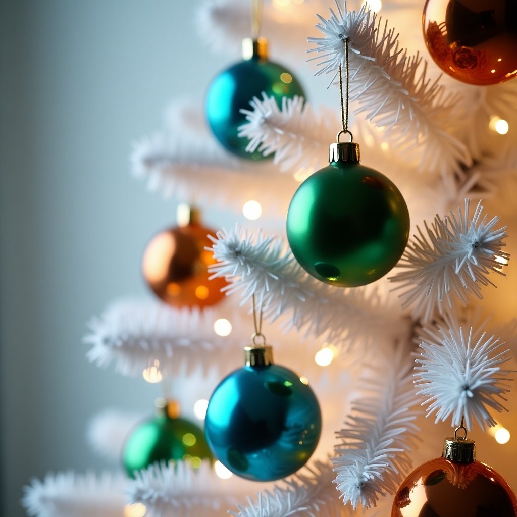 Image of a white Christmas tree. Tree has green, blue, and orange Christmas balls. Soft white lights illuminate the tree. Close-up shows shiny ornaments, creating festive atmosphere. Evokes joy of Christmas season.