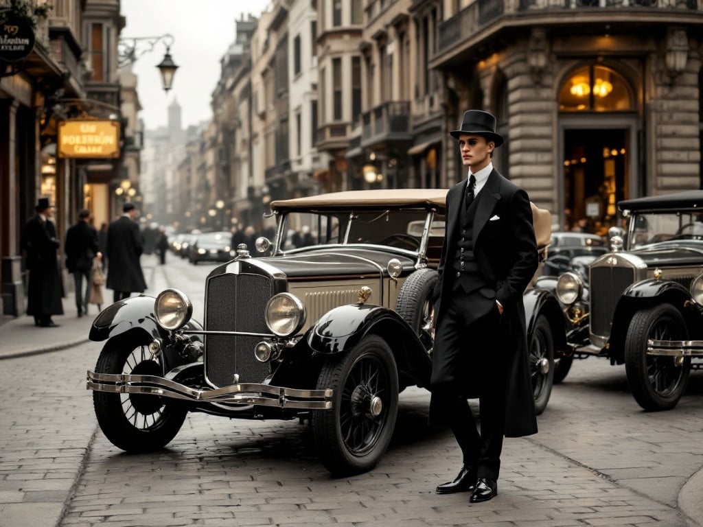 Classic fashion scene set in an old city street with vintage automobiles. Emphasis on 1920s style clothing such as tailored suits and flapper dresses in a period-accurate environment.