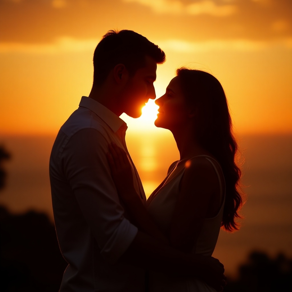 A couple sharing a deep kiss during sunset. Silhouettes of faces against a vibrant evening sky. Warm light creates a romantic atmosphere.