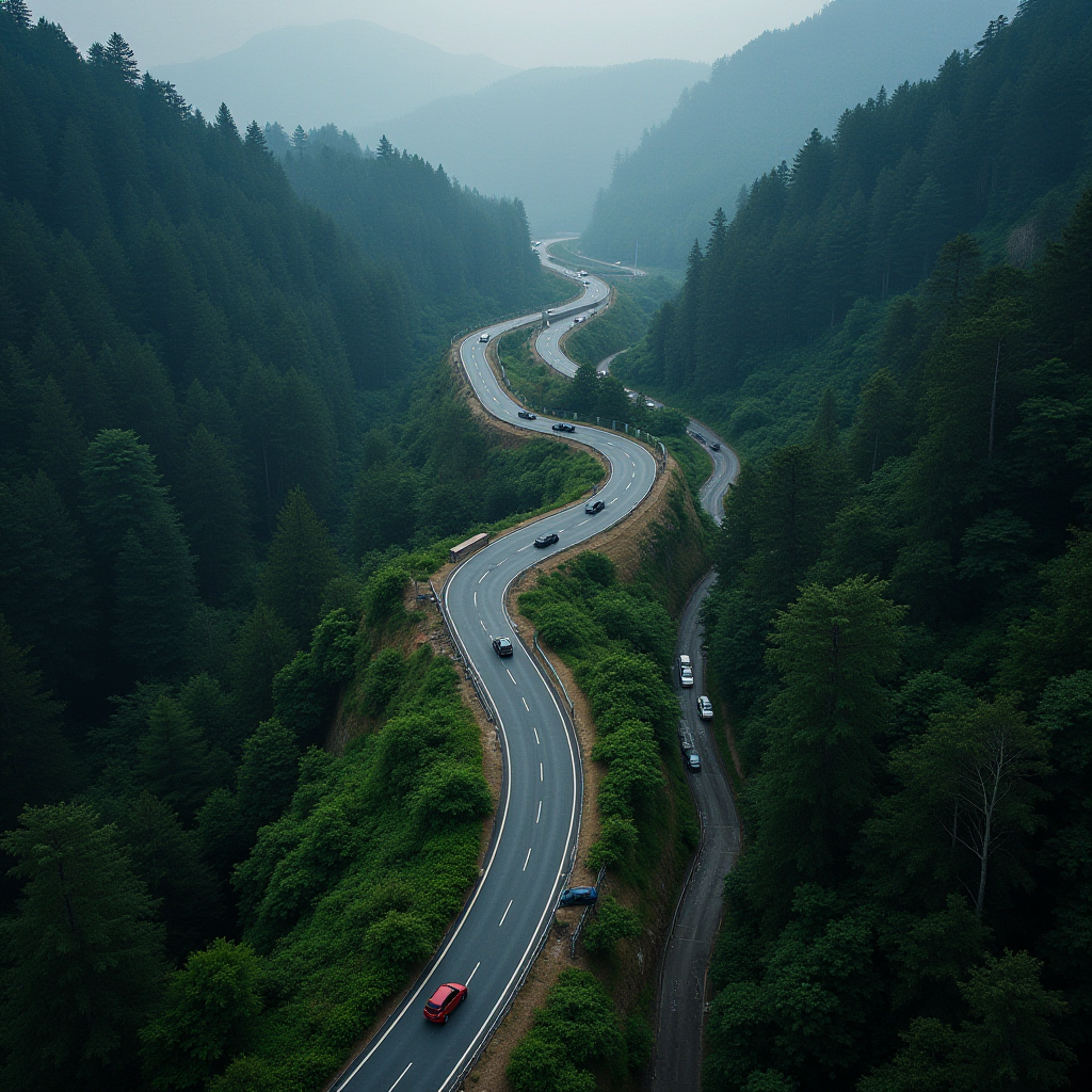 This image features a sinuous road weaving through a mountainous landscape, surrounded by dense forestry. The road is marked by a series of curves and is aligned with several vehicles traveling in both directions. The high vantage point of the image allows for a view of the fog-covered mountains in the background, enhancing the sense of depth and mystery. The evergreen trees that flank the road add a lush, green tapestry to the scene, creating a contrast with the smooth, gray surface of the road. The overall atmosphere is serene, with a hint of adventure and exploration.