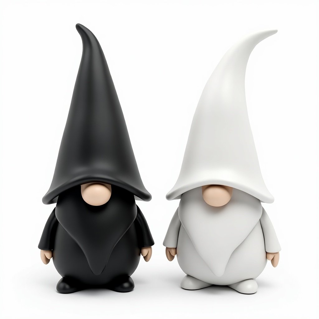 A black gnome and a white gnome stand side by side. Both have oversized hats and round bodies. The background is transparent. They are stylized and cartoonish.