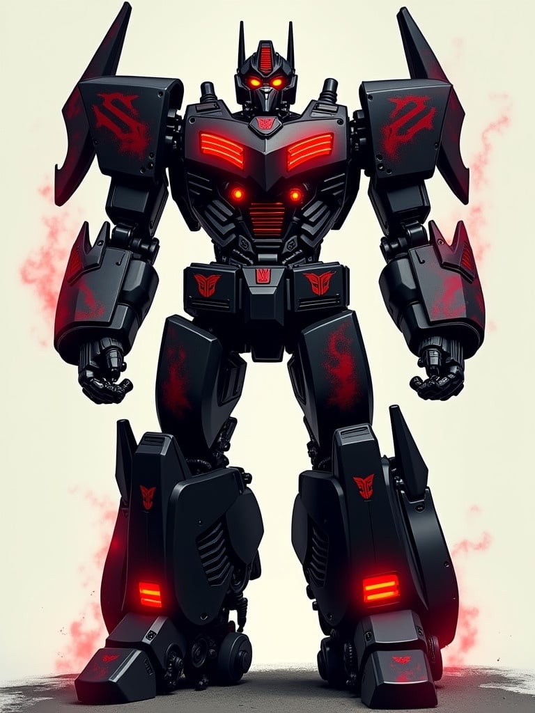 A bulky Decepticon robot features grenades on its belt. The design is predominantly black with glowing red swirls accentuating its mechanical structure.